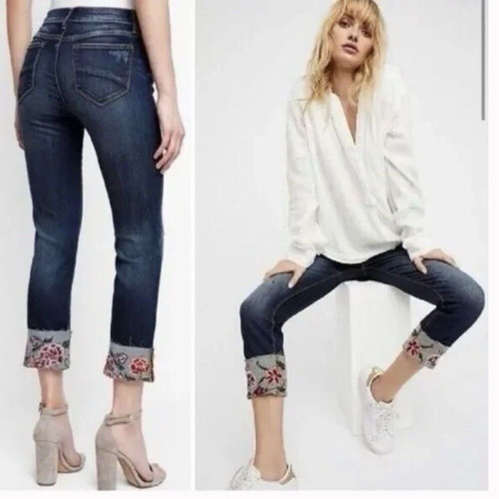 Driftwood Colette Jeans Boho Cropped Floral Embroidered Cuffs Blue Size 27